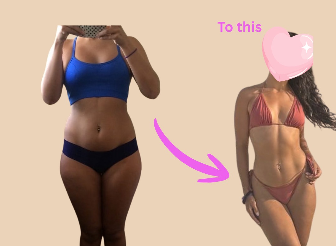 Client transformation: before in mirror selfie, after in summer swim attire